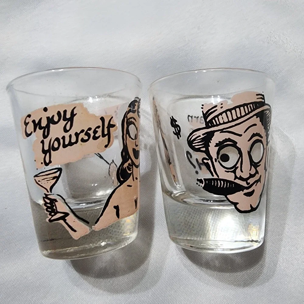 Vintage Federal Glass Shot Glasses Set of 2 Mid Century Comic Humorous Barware